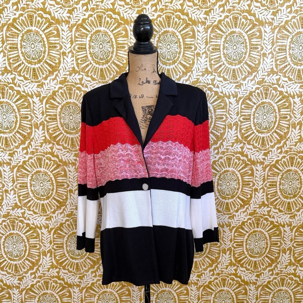 Misook Colorblock Striped Knit Single-Breasted One-Button Blazer Sz L